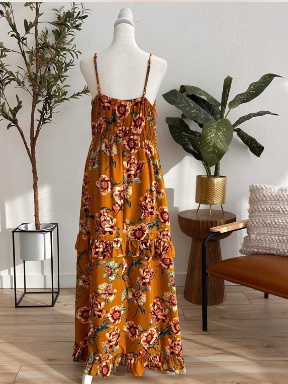 Xhilaration Mustard Floral Spaghetti-Strap Maxi Dress - Picture 4 of 6